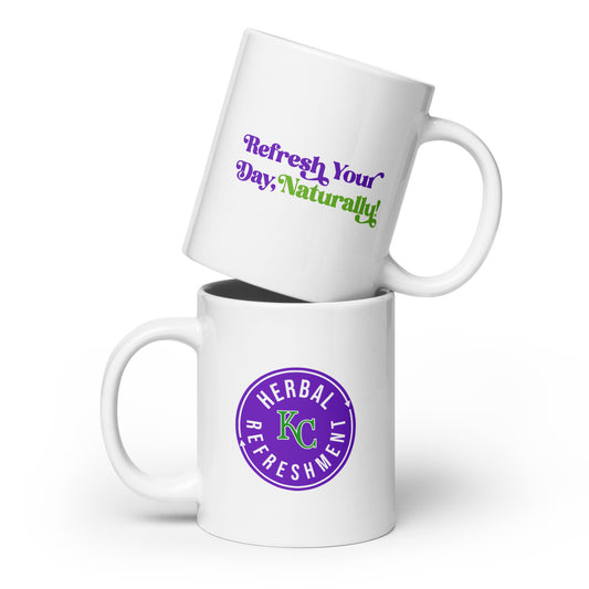 Herbal Refreshment KC Logo & Slogan (White glossy mug)